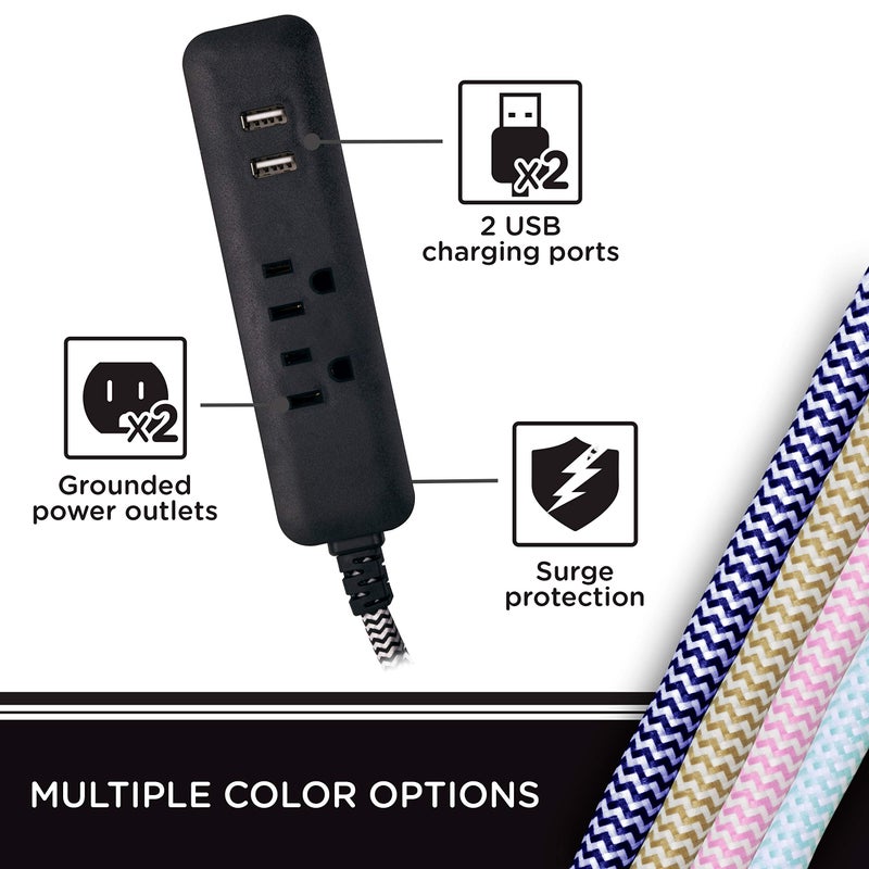 Cordinate Designer USB Charging Station Extension Cord, Power Strip Surge Protector, 2 Outlets, 2 USB Ports, Extra Long 10 ft Cable with Flat Plug, Braided Cord, 2.4A Fast Charge, Black/White, 41885 - Image 2